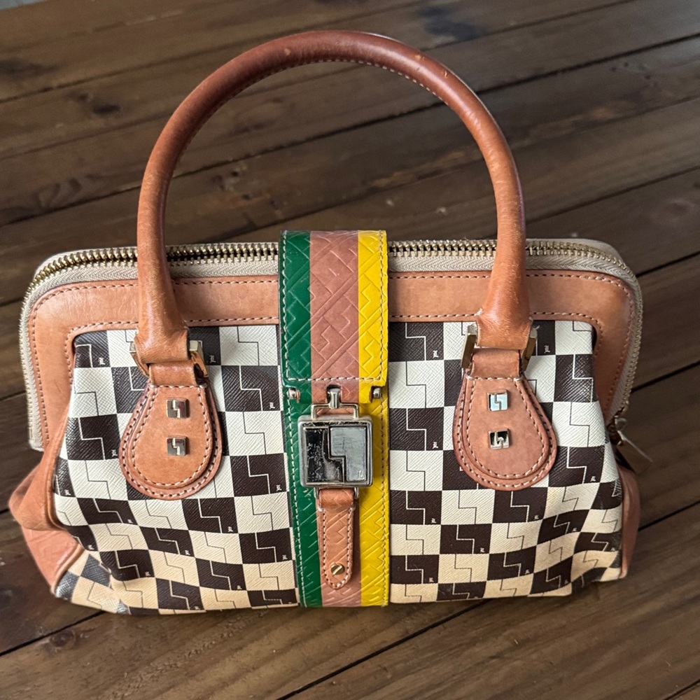 L.A.M.B. Brown and Cream Satchel with Yellow Accent